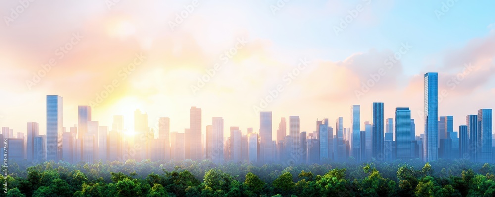 Fototapeta premium A vibrant city skyline at sunset, with modern skyscrapers silhouetted against a colorful sky and lush greenery in the foreground.