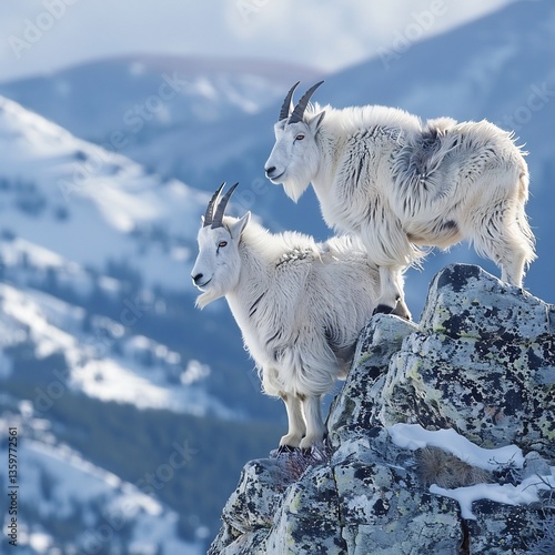 Two Oreamnos americanus mountain goat perched side side narrow mountain ridge their shaggy white coat blending into snowy surroundings One goat lower head graze sparse alpine vegetation while other photo