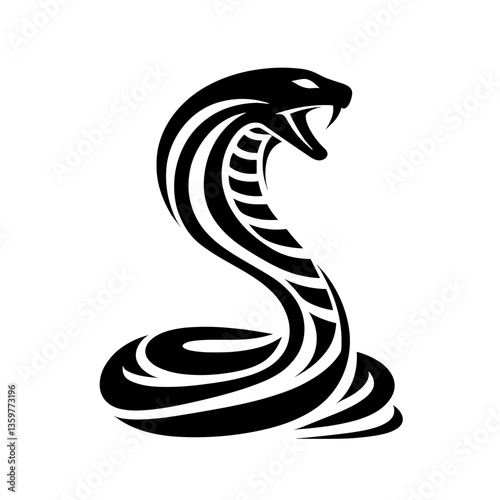 A black silhouette of hissing cobra, stroke lines, minimalist art style, vector, isolated, transparent background  