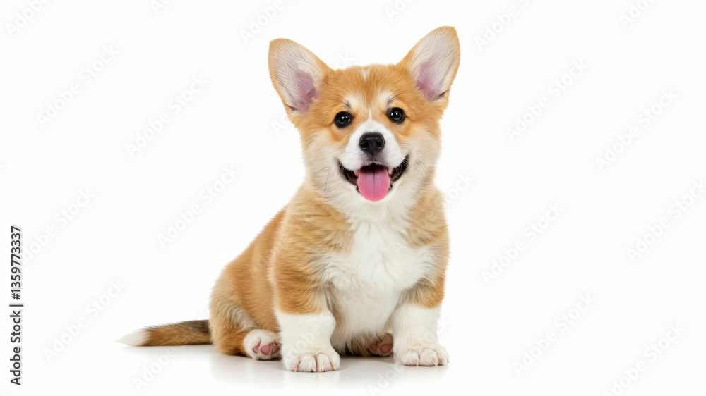 Playful corgi puppy joyfully engaging with camera on white background Playful corgi puppy joyfully engaging with camera on white background