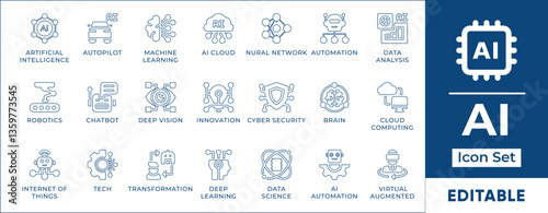 Artificial intelligence line icon set featuring AI, automation, machine learning, neural networks, robotics, data science, cloud computing, deep learning, chatbots, and futuristic technology.
