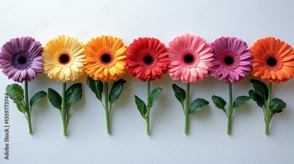 Rainbow Gerbera Daisies on White Background, Flatlay, Floral Design Rainbow Gerbera Daisies on White Background, Flatlay, Floral Design