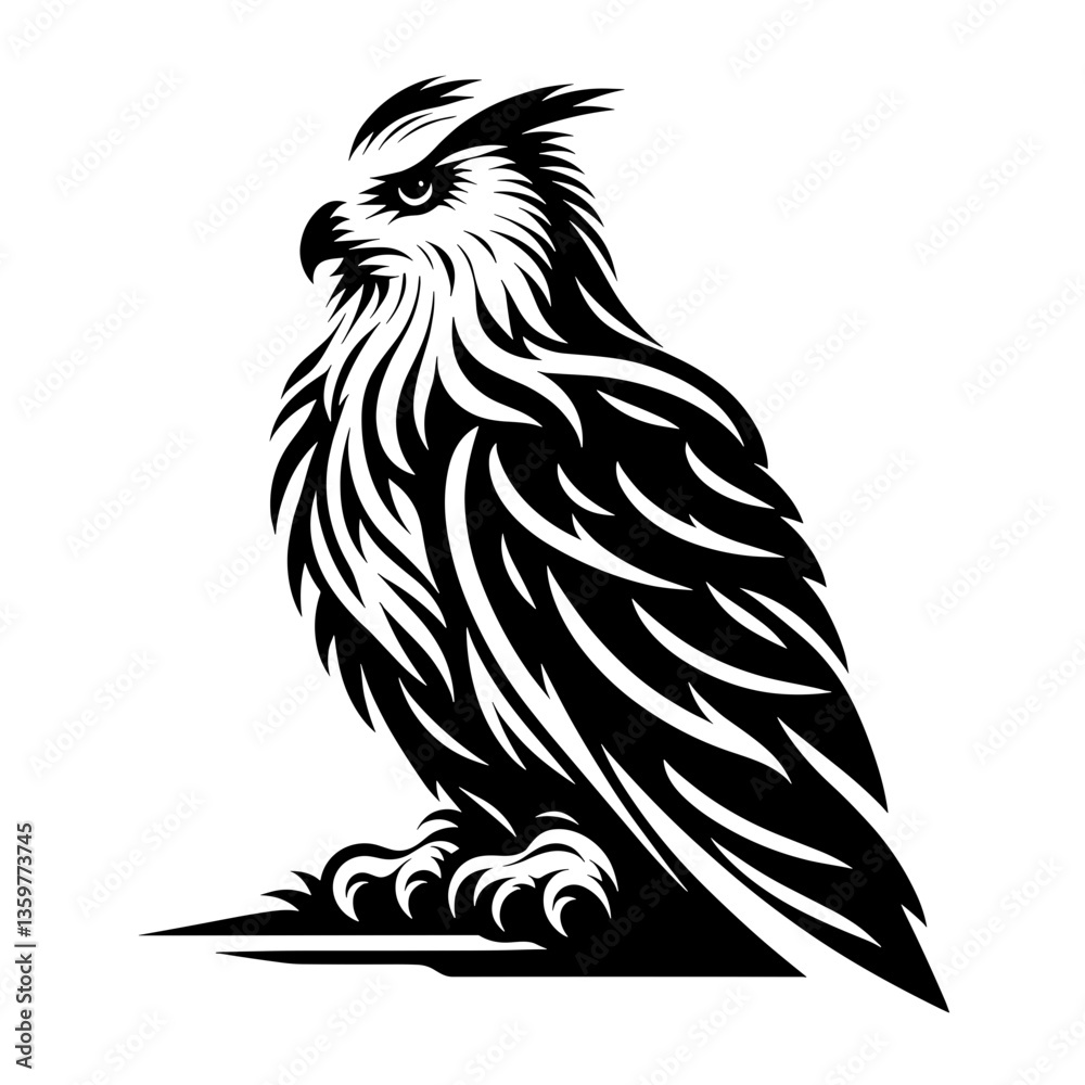 Fototapeta premium A black silhouette of eagle-owl, stroke lines, minimalist art style, vector, isolated, transparent background 