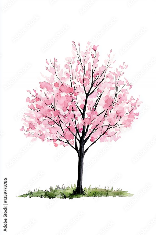 Obraz premium Watercolor Cherry Blossom Tree with Pink Flowers on White Background Minimalist Art
