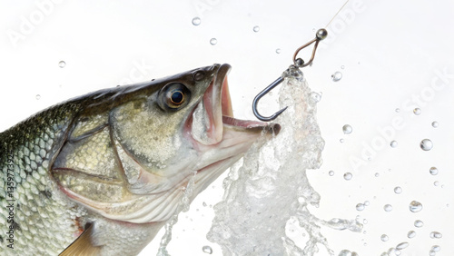 Large bass fish captured mid-leap with open mouth biting fishing hook in dramatic splash motion against clean white background for sport fishing concept