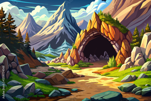 landscape with mountains and rocky cave with stones illustration cartoon