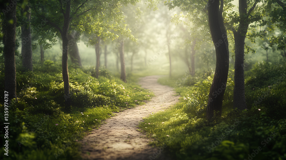 Fototapeta premium Beautiful path through the forest, with green trees and grass on both sides, on a sunny day with a light mist,