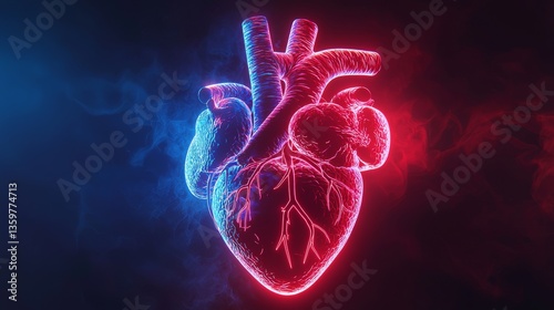 Glowing Human Heart with Arteries and Veins