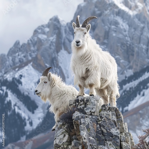 Two Oreamnos americanus mountain goat perched side side narrow mountain ridge their shaggy white coat blending into snowy surroundings One goat lower head graze sparse alpine vegetation while other photo