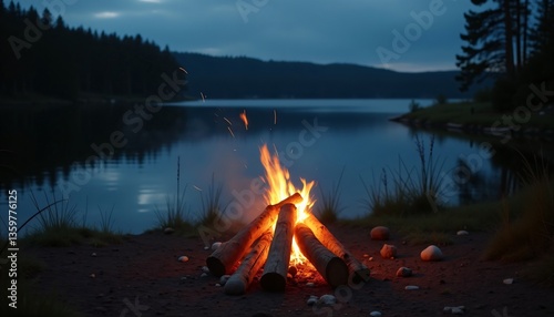 Campfire burning by the lake with calm water and forest backdrop