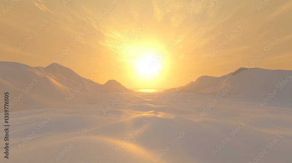 Obraz premium A dramatic desert landscape with endless sand dunes glowing under the golden light of sunset.