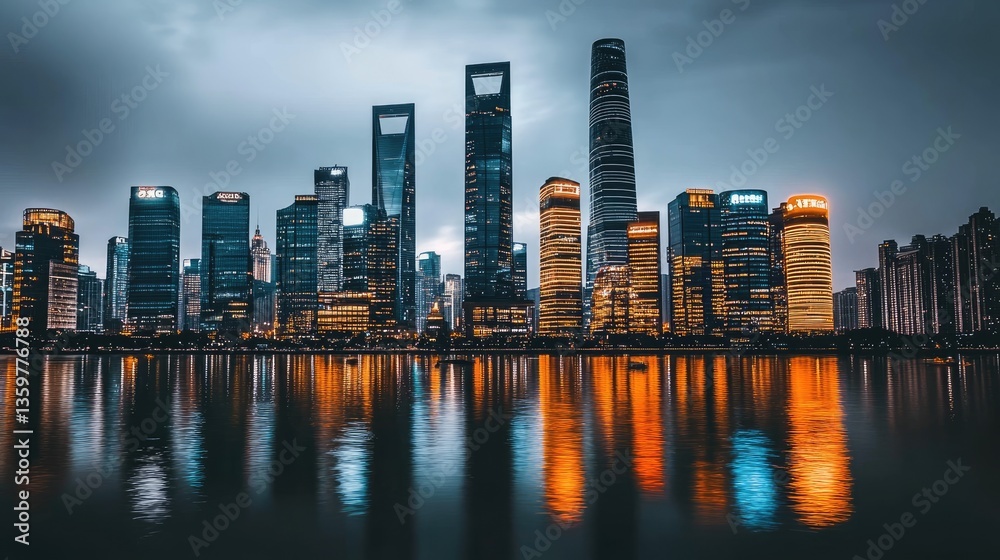 Fototapeta premium A glowing city skyline at night, with illuminated skyscrapers reflecting on a calm river.