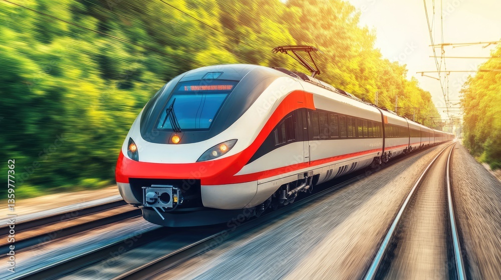 Naklejka premium A high-speed train passing through a stunning countryside landscape, capturing the excitement of train travel vacations.