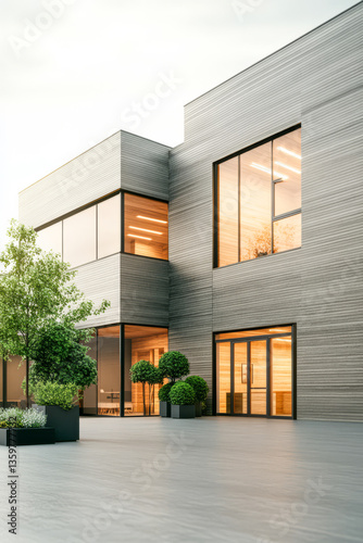 Modern architectural design of a stylish building with large windows in a serene setting