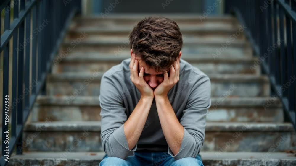 Depressed young teenager boy suffering From depression sits on stairs