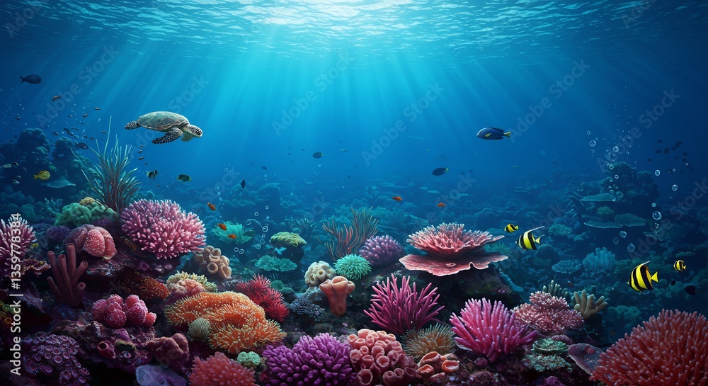 Fototapeta premium Vibrant coral reef underwater scene bathed in sunlight peaceful ocean life. AI Generated