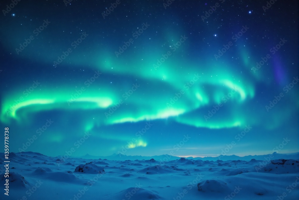 Naklejka premium Stunning Aurora Borealis Display over Snowy Arctic Landscape at Night