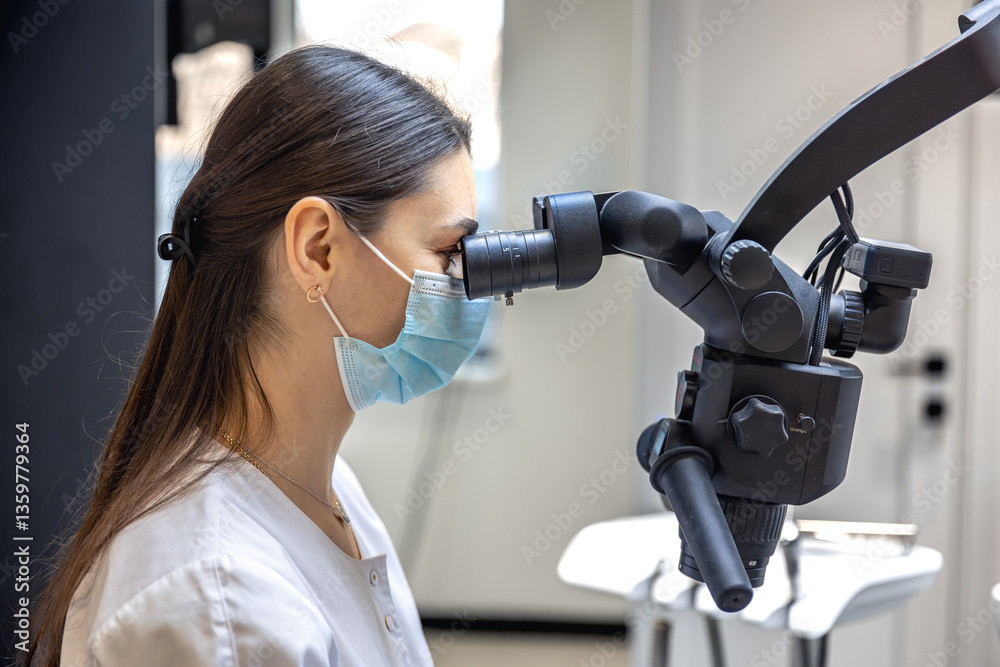 Fototapeta premium Young female dentist treating patient's teeth with dental microscope. Dentistry concept.