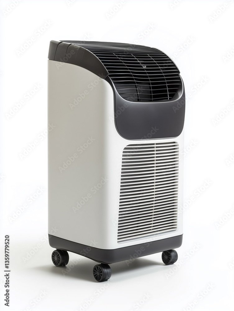 Modern portable air conditioner or mobile air cooler on wheels isolated on white background, air conditioning comfort equipment in summer