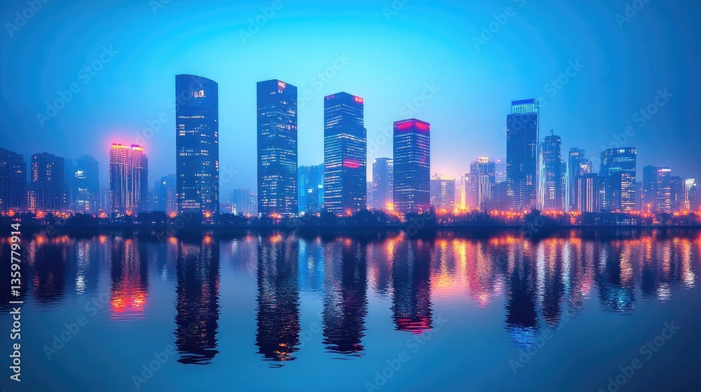 Fototapeta premium A mesmerizing view of a city skyline at night, illuminated by glowing skyscrapers and reflections on a calm river.