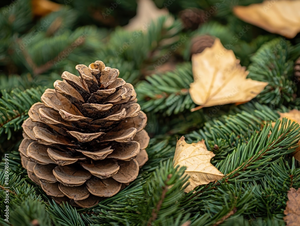 close up of pine cone resting on bed of evergreen branches, surrounded by fallen leaves, evokes sense of tranquility and connection to nature
