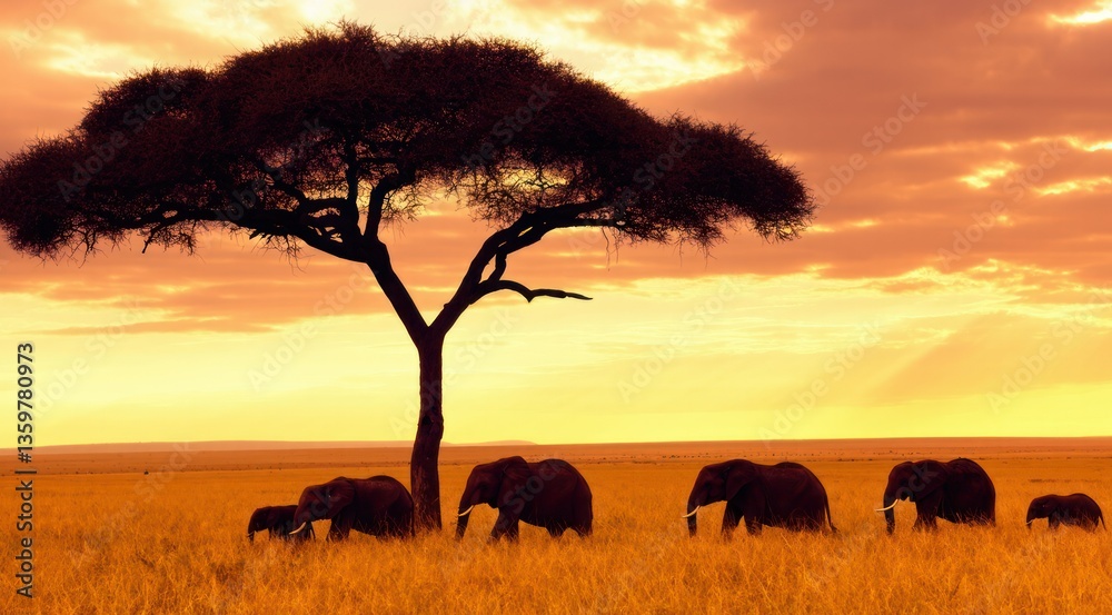 A serene sunset scene with elephants under an acacia tree. A serene sunset scene with elephants under an acacia tree.