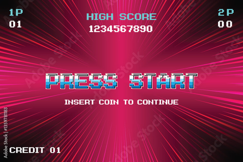 PRESS START INSERT A COIN TO CONTINUE .pixel art .8 bit game. retro game. for game assets .Retro Futurism Sci-Fi Background. glowing neon grid. and stars from vintage arcade computer games