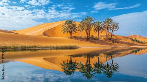 A quiet desert oasis with palm trees and a reflective water pond, representing an exotic retreat.
