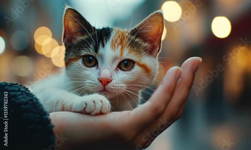 Small cat in human hand symbolizing harmony between people and nature created with Generative AI technology