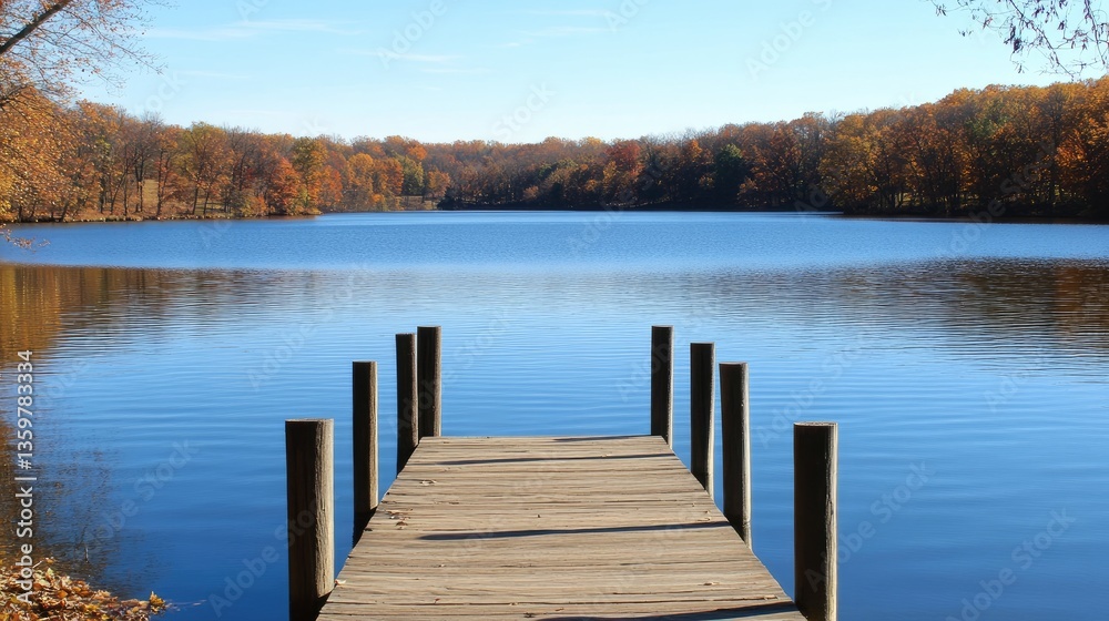 Obraz premium A rustic wooden pier extending into a peaceful lake, surrounded by autumn foliage, capturing the beauty of nature tourism.