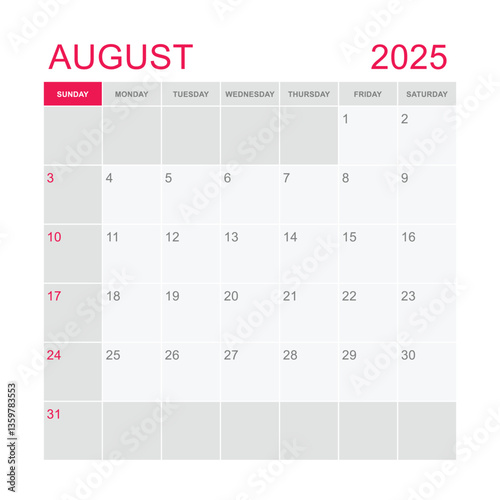 Classic monthly calendar for august 2025. week starts on sunday. simple august 2025 calendar template. monthly planner design in box
