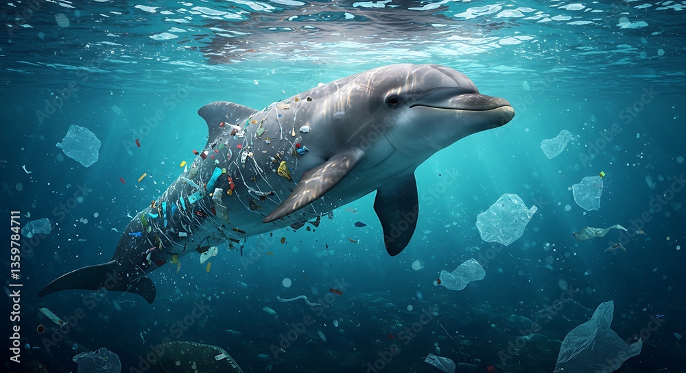 Obraz premium Dolphin Surrounded by Plastic Pollution in the Ocean