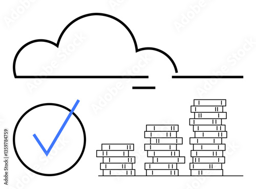 Cloud hovering over coin stacks with a checkmark indicating reliability, successful data storage, or financial growth. Ideal for cloud storage, financial security, investment, technology, innovation