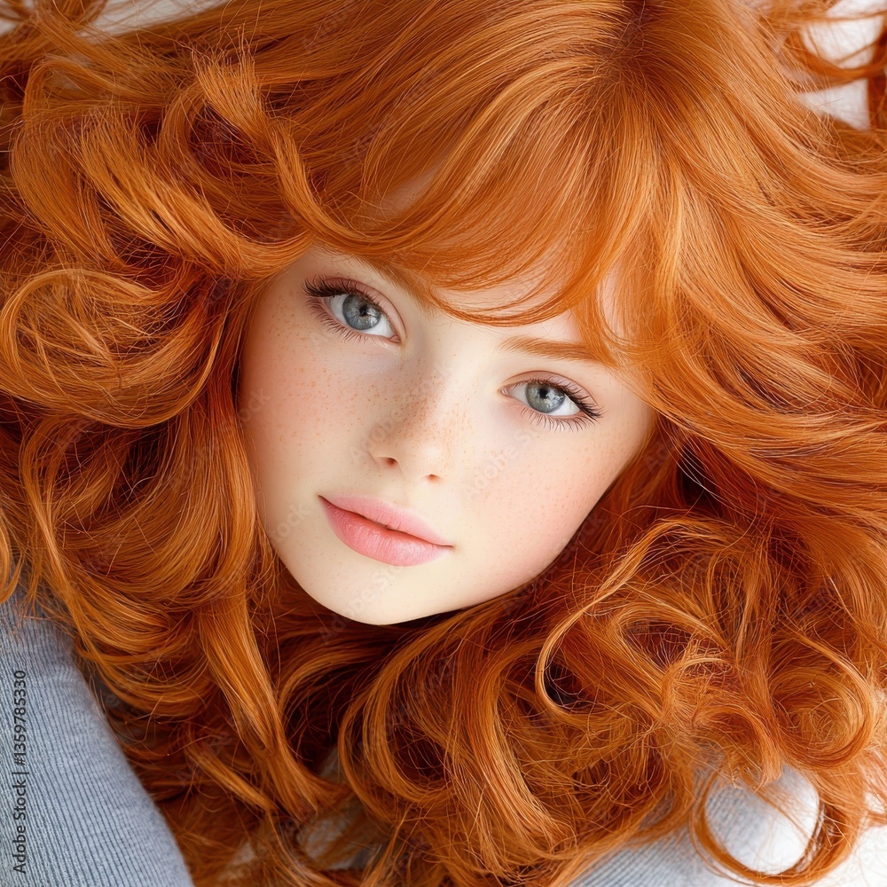 Naklejka premium A stunning portrait showcases a young woman with vibrant, curly red hair and captivating light-green eyes; her flawless complexion and delicate features create a breathtakingly