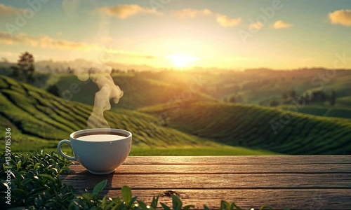 Aesthetic steaming tea cup with green leaves showcasing serene plantation at sunset created with Generative AI technology