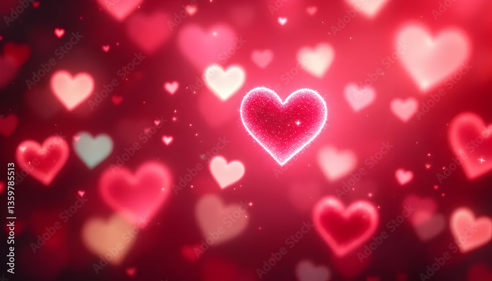 Glowing Hearts on Red Background for Valentine's Day and Romantic Themes Glowing Hearts on Red Background for Valentine's Day and Romantic Themes