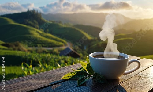 Panoramic views of tea plantation and warm sunset complementing steaming tea cup created with Generative AI technology