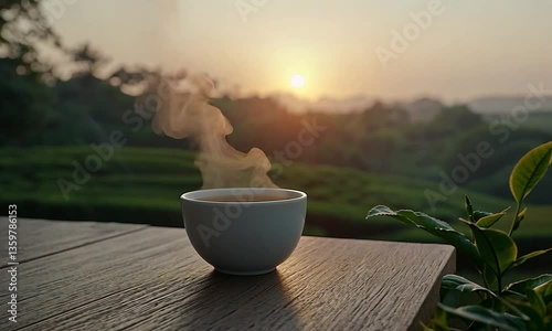 Elegant video capturing tea cup and nature with green leaves and sunset tranquility created with Generative AI technology