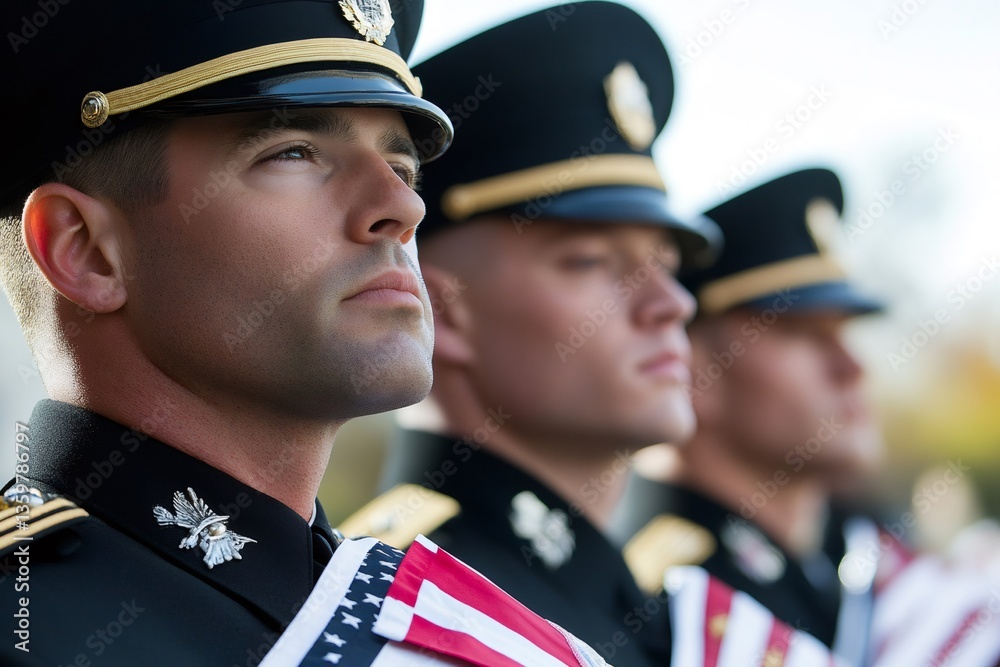 Row of us army soldiers wearing dress uniform and standing at attention Row of us army soldiers wearing dress uniform and standing at attention