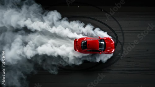 Dynamic red sports car drift with dramatic smoke trail on asphalt from aerial view
