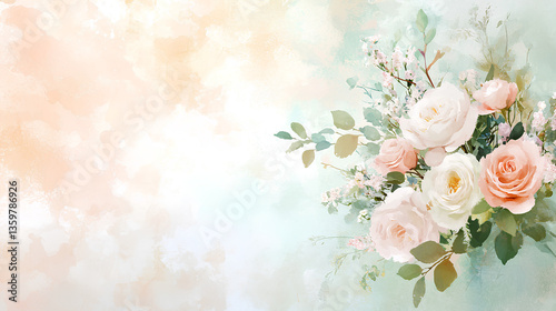 Delicate floral arrangement with blush pink roses peonies wildflowers and green foliage on dreamy pastel watercolor background  
