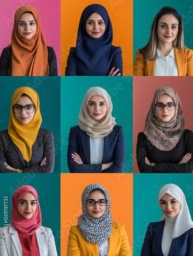 A Vibrant Collage of Professional Women from Diverse Cultures, Including Arab Women in Hijab, Showcasing Confidence and Competence in a Modern Office Environment, Engaging in Various Workplace Tasks