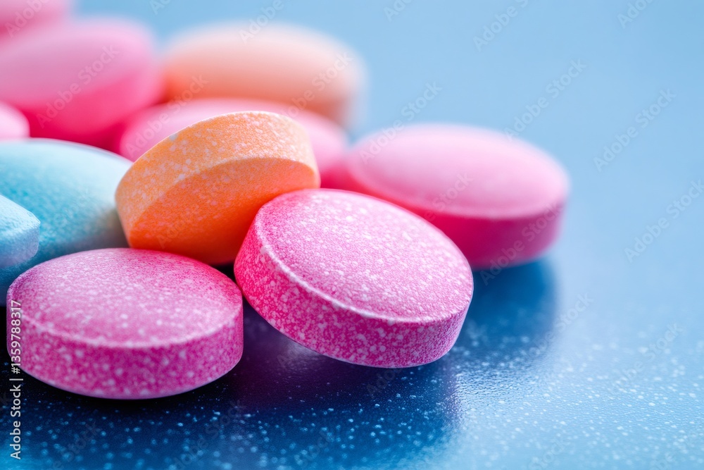 Colorful pills resting on a reflective blue surface