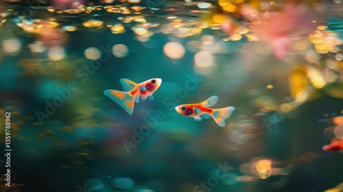 Two colorful fish swimming in a vibrant underwater scene with soft bokeh effects.