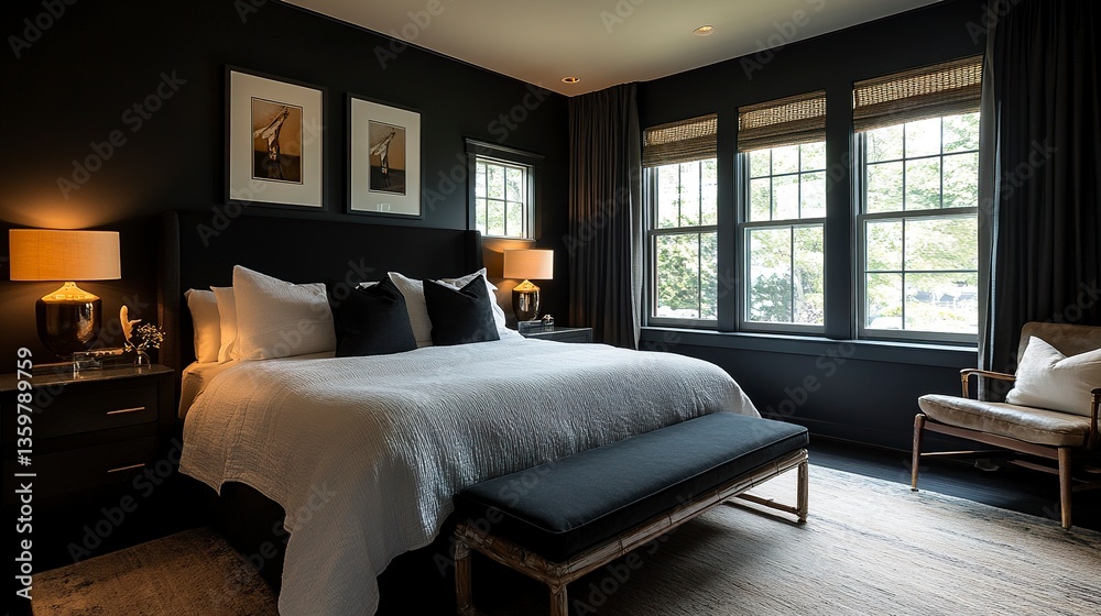 Fototapeta premium Contemporary interior, black walls, a bed with muted tones, modern lighting creating depth, chic decor pieces enhancing sophistication, front-facing wide-angle shot. 