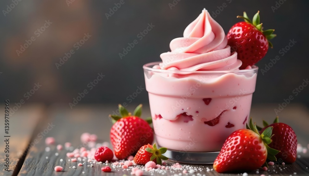 Strawberry ice cream with fresh strawberry on top in a glass container, creamy, edible decorations, sweet Strawberry ice cream with fresh strawberry on top in a glass container, creamy, edible decorations, sweet