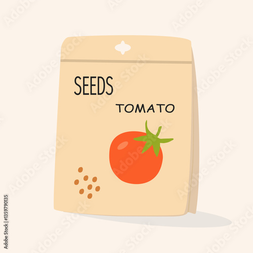Tomato seeds. Vector illustration with a packet of tomato seeds. Colored hand drawn picture. Illustration growing vegetables from seeds and gardening.
