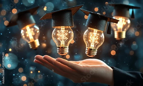 Luminous bulbs with graduation caps symbolizing educational achievements created with Generative AI technology