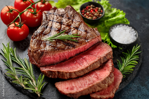 Beef ribeye steak grilled with herbs and spices on a stone background. The steak is cut into pieces. Each piece is pink and juicy inside. Lots of lettuce. Tomatoes.