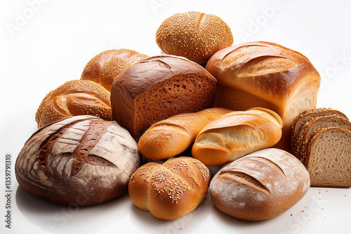 Various types of bread, different sizes, shapes, on a white background